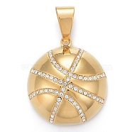 304 Stainless Steel Pendants, with Crystal Rhinestone, Basketball, Golden, 33.5x30x12mm, Hole: 6.5x12mm(STAS-K214-31G)
