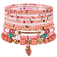 11Pcs Boho Seed Bead Stretch Bracelets Set, Multilayered Stackable Bracelets, Colorful Beaded Starfish Charm Bracelets for Women, Pink, 1-3/4~2-1/8 inch(4.5~5.5cm)(JB736A)