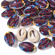Printed Natural Cowrie Shell Beads, No Hole/Undrilled, with Marine Organism Pattern, Colorful, 18~21x12~15x7mm(X-SSHEL-R047-01-D04)