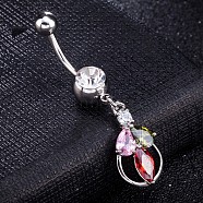 Eco-Friendly Brass Cubic Zirconia Navel Ring, Belly Rings, with Use Stainless Steel Findings, Flower, Colorful, 42mm, Pin: 1.5mm(AJEW-EE0004-37)