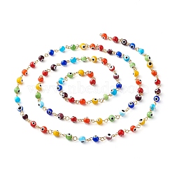 Handmade Evil Eye Lampwork Round Beads Link Chains, with Golden 304 Stainless Steel Eye Pins, for Bracelet Necklace Making, Colorful, 6mm(AJEW-JB01009)