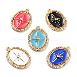 Golden Plated Brass Micro Pave Clear Cubic Zirconia Pendants, with Enamel, Long-Lasting Plated, Oval with Star, Mixed Color, 25.5x18x3mm, Hole: 1.6mm(ZIRC-L097-026-G)