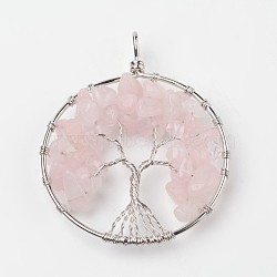 Tree of Life Natural Rose Quartz Big Pendants, with Brass Findings, Platinum, 63~65x49~51x8~10mm, Hole: 8~10mm(X-G-L455-D07)
