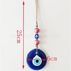 Flat Round with Evil Eye Glass Pendant Decorations, Jute Cord Car Wall Hanging Ornaments, Blue, 250x60mm(PW-WG34722-01)