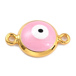 Golden Plated Brass Enamel Links Connectors, Long-Lasting Plated, Flat Round with Evil Eye, Pink, 16x10x3.5mm, Hole: 1.5mm(KK-P197-01A-G02)