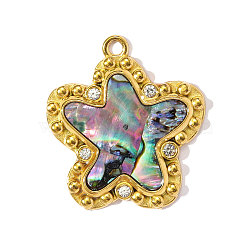 304 Stainless Steel Paua Shell Pendants, Star Charms, with Rhinestone, Ion Plating(IP), Real 18K Gold Plated, 25x23mm(STAS-OY002-24G)