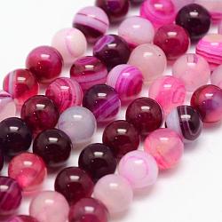 Natural Striped Agate/Banded Agate Bead Strands, Round, Grade A, Dyed & Heated, Deep Pink, 6mm, Hole: 1mm, about 62~63pcs/strand, 14.5 inch(G-K155-A-6mm-02)