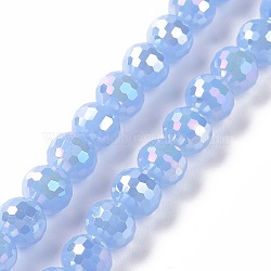 Electroplate Imitation Jade Glass Beads Strands, AB Color Plated, Faceted(96 Facets), Round, Cornflower Blue, 7~8mm, Hole: 1.2~1.4mm, about 68~70pcs/strand, 19.69''(50cm)(GLAA-E036-12A)