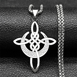 304 Stainless Steel Viking Knot Cross with Moon Pendant Necklaces for Men, Stainless Steel Color, 23.39 inch(59.4cm)(NJEW-S440-09P)