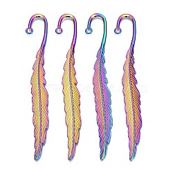 Rainbow Color Alloy Bookmark Findings, Hook with Leaf Shape Bookmark Findings with Hole, Cadmium Free & Nickel Free & Lead Free, 115x16x2.5mm, Hole: 2.5mm(PALLOY-N163-1710-NR)