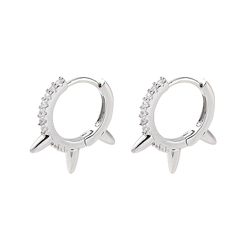 Brass Micro Pave Cubic Zirconia Hoop Earrings, Spike, Real Platinum Plated, 16.5x2mm