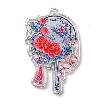Transparent Acrylic Pendant, Fan with Flower Charm, Butterfly, 47.5x29x2.5mm, Hole: 1.8mm