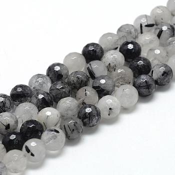 Natural Black Rutilated Quartz Beads Strands, Faceted(128 Facets), Round, 10~11mm, Hole: 1mm, about 36~40pcs/strand, 15.7 inch