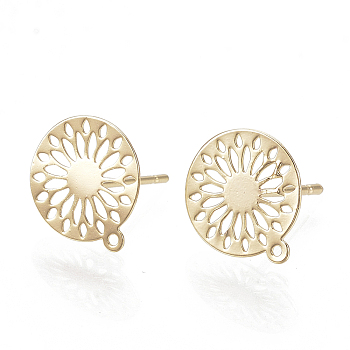 Brass Stud Earring Findings, with Loop, Flat Round, Real 18K Gold Plated, 12.5x11mm, Hole: 1mm, pin: 0.6mm