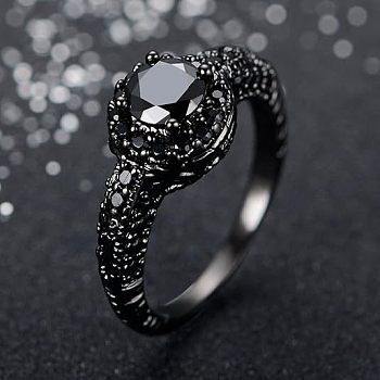 Flat Round Brass Jet Rhinestone Finger Rings, Black, US Size 8(18.1mm)