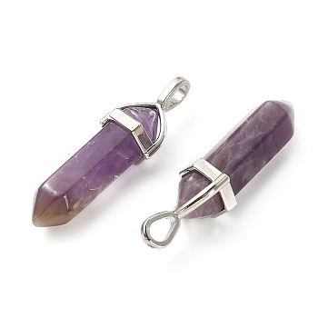 2Pcs Natural Amethyst Double Terminated Pointed Pendants, Faceted Bullet Charms, with Random Alloy Pendant Hexagon Bead Cap Bails, Platinum, 37~40x12mm, Hole: 3x4mm