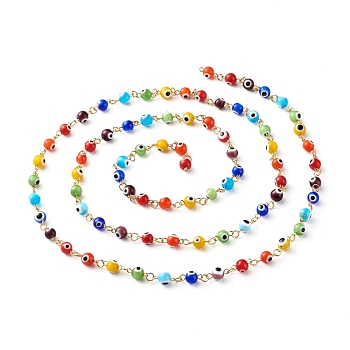 Handmade Evil Eye Lampwork Round Beads Link Chains, with Golden 304 Stainless Steel Eye Pins, for Bracelet Necklace Making, Colorful, 6mm