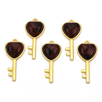 Natural Mahogany Obsidian Pendants, with Light Gold Plated Brass Findings, Key with Heart Charm, 38x17x6.5~7mm, Hole: 1.8mm