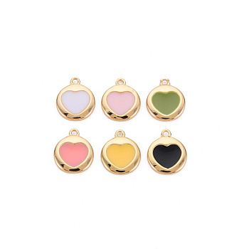 Brass Enamel Charms, Nickel Free, Flat Round with Heart, Mixed Color, Real 18K Gold Plated, 10x8x1mm, Hole: 1mm