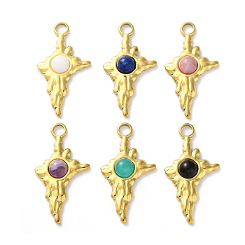 Natural Mixed Stone Pendants, Ion Plating(IP) 304 Stainless Steel Star Charms, Mixed Dyed & Undyed, Real 18K Gold Plated, 28x15x4mm, Hole: 3mm