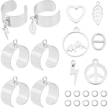 DIY Charm Cuff Ring Making Kit, Including Stainless Steel Open Ring Findings, Mountain & Peace Sign & Heart & Leaf 304 Stainless Steel & Alloy Charms, Stainless Steel Color, 32Pcs/box