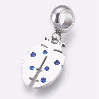 304 Stainless Steel European Dangle Charms, Large Hole Pendants, with Rhinestone, Ladybug, Stainless Steel Color, Light Sapphire, 26.5mm, Hole: 4mm, Pendant: 16.5x11x1.5mm