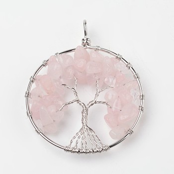 Tree of Life Natural Rose Quartz Big Pendants, with Brass Findings, Platinum, 63~65x49~51x8~10mm, Hole: 8~10mm