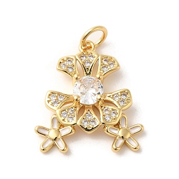 Brass Micro Pave Cubic Zirconia Pendants, with Enamel, Jump Rings, Flower, Golden, 20x17.5x3.7mm, Hole: 3.6mm