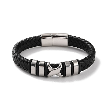 Men's Braided Black PU Leather Cord Bracelets, Cross 304 Stainless Steel Link Bracelets with Magnetic Clasps, Stainless Steel Color, 9 inch(22.8cm)