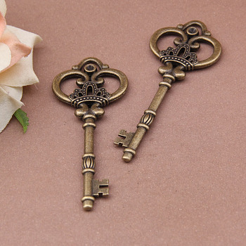 Tibetan Style Alloy Pendants, Crown Skeleton Key, Big Pendants, Antique Bronze, 82x32mm