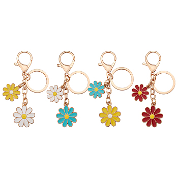 AHADERMAKER 4Pcs 4 Colors Alloy Enamel Pendants Keychain, with Lobster Claw Clasps and Key Rings, Daisy, Mixed Color, 9.3cm, 1pc/color