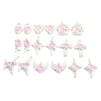 DIY Jewelry Making Finding Kit, Including 18Pcs 9 Style Alloy with Glass Pendants and Connector Charms, Heart & Flower & Star & Cross & Butterfly & Dog Paw Print, Pearl Pink, 17~30.5x11~26x4.5~6mm, Hole: 1~4.6mm, 2Pcs/style