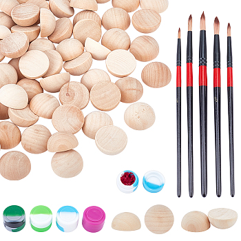 Nbeads Painting Kits, Including Wood Cabochons, Plastic Paint Brushes Pens and Silicone Boxes, Mixed Color, 2.4~2.45x1.25cm, 60pcs/set