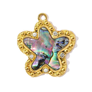 304 Stainless Steel Paua Shell Pendants, Star Charms, with Rhinestone, Ion Plating(IP), Real 18K Gold Plated, 25x23mm