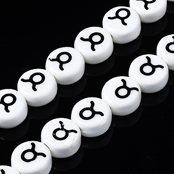 Handmade Porcelain Ceramic Beads Strands, Printed, Flat Round with Constellation, Taurus, 10~11x5mm, Hole: 2mm, about 30pcs/strand, 11.81 inches(30cm)