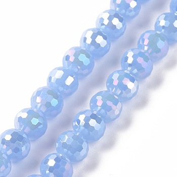 Electroplate Imitation Jade Glass Beads Strands, AB Color Plated, Faceted(96 Facets), Round, Cornflower Blue, 7~8mm, Hole: 1.2~1.4mm, about 68~70pcs/strand, 19.69''(50cm)