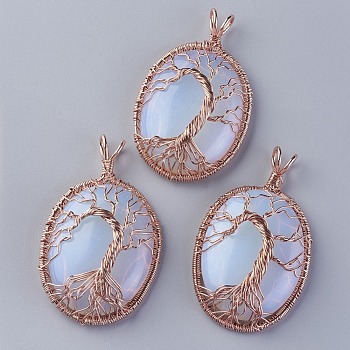 Opalite Big Pendants, with Rose Gold Tone Brass Findings, Oval with Tree of Life, 56~58.5x35~36x12~13.8mm, Hole: 4.2~5.2x4.6~6mm