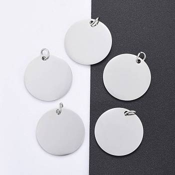 201 Stainless Steel Pendants, Manual Polishing, Flat Round, Stamping Blank Tag, Stainless Steel Color, 20x1.5mm, Hole: 3.5mm