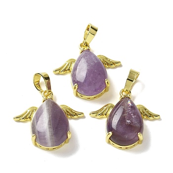 Natural Amethyst Pendants, Teardrop Charms with Golden Tone Brass Wings, Rack Plating, Cadmium Free & Lead Free, 22.5x24.5x9mm, Hole: 7.5x4.5mm