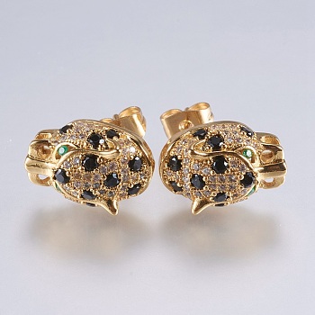 Brass Stud Earrings, with Micro Pave Cubic Zirconia, Leopard, Golden, 15x10.5x6mm, Pin: 0.9mm