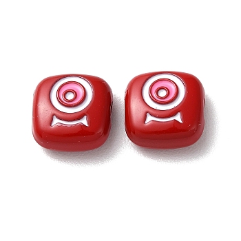 Spray Painted Alloy Enamel Beads, Square with Eye, FireBrick, 10x10x4mm, Hole: 1.8mm