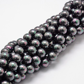 Shell Pearl Bead Strands, Rainbow Plated, Grade A, Round, Black, 8mm, Hole: 1mm, about 51pcs/strand, 16 inch