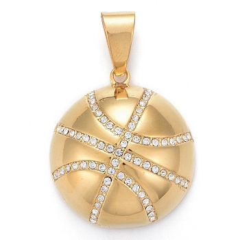 304 Stainless Steel Pendants, with Crystal Rhinestone, Basketball, Golden, 33.5x30x12mm, Hole: 6.5x12mm