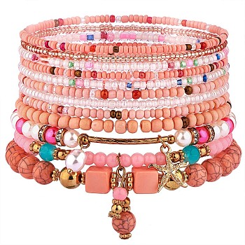 11Pcs Boho Seed Bead Stretch Bracelets Set, Multilayered Stackable Bracelets, Colorful Beaded Starfish Charm Bracelets for Women, Pink, 1-3/4~2-1/8 inch(4.5~5.5cm)