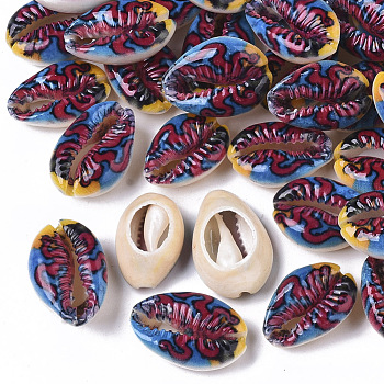 Printed Natural Cowrie Shell Beads, No Hole/Undrilled, with Marine Organism Pattern, Colorful, 18~21x12~15x7mm