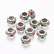 Tibetan Style Alloy European Beads, Large Hole Beads, with Enamel, Rondelle, Antique Silver, 9x5mm, Hole: 5mm(MPDL-G022-01AS)