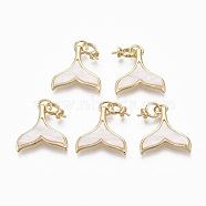 Brass Peg Bails Pendants, for Half Drilled Beads, with Acrylic, Mermaid Tail, Real 18K Gold Plated, Creamy White, 27x18x2mm, Hole: 4mm, Pin: 0.8mm(for half drilled beads), Jump Ring: 5x1mm, 3mm inner diameter(KK-N233-035-NF)