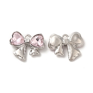 Rack Plating Alloy Charms, Nickel Free, with Glass, Bowknot with Heart Charms, Platinum, Pink, 13x16.5x4mm, Hole: 1.6mm(PALLOY-O106-13P-01)