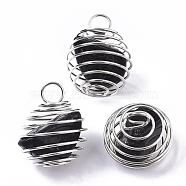 Iron Wrap-around Spiral Bead Cage Pendants, with Natural Black Tourmaline Beads inside, Round, Platinum, 21x24~26mm, Hole: 5mm(IFIN-R239-02P)