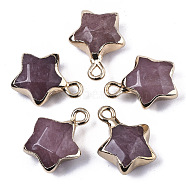 Natural Strawberry Quartz Pendants, with Light Gold Plated Edge and Brass Loop, Star, Faceted, 16~17x13x6.5mm, Hole: 1.6mm(G-N326-36D)